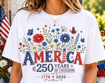 America 250 Years Floral SVG PNG , Patriotic Freedom Flowers, 1776-2026 Anniversary Shirt Design