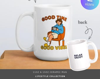 Taza de cerámica de 11 oz y 15 oz - Buenos momentos, buenas vibras, regalo retro y acogedor, taza de café divertida