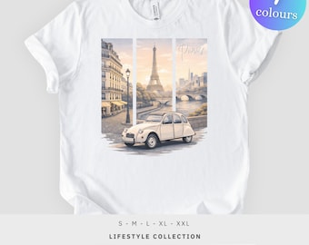Camiseta de viaje a París, estampado panorámico de la Torre Eiffel, recuerdo vintage de Francia, camiseta unisex
