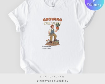Camiseta con estampado de jardinería "Cultivando la cultura", ilustración retro de horticultura, regalo de ropa con juego de palabras sobre plantas.