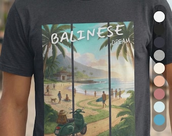 Camiseta Balinese Dream, camiseta gráfica de surf en scooter de playa de Bali, regalo para vacaciones en Indonesia