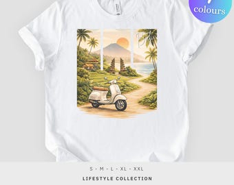 Camiseta unisex con estampado de paisaje de scooter en Bali, diseño gráfico de viaje tropical.