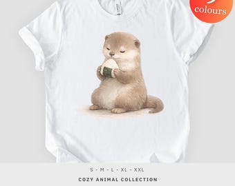Camiseta con diseño de onigiri de nutria, acuarela de bolas de arroz japonesas kawaii, regalo para amantes de la comida, camiseta unisex.