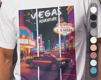 Camiseta de aventura con paisaje urbano de neón en Las Vegas, camiseta con estampado de recuerdo de Las Vegas, camiseta unisex retro de conducción nocturna en el Strip