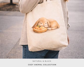 Bolso de lona con diseño de tarta de melocotón y conejo de orejas caídas, acuarela de conejito durmiendo, regalo para amantes de los conejos.