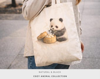Bolso de lona con diseño de panda dim sum, vaporera de bambú en acuarela estilo kawaii, regalo para amantes de la comida.