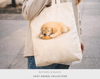 Bolso de lona con estampado de Golden Retriever y un cruasán, ideal para amantes de los perros.
