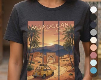Camiseta con gráfico del desierto de Marruecos, póster vintage de viaje a Marrakech