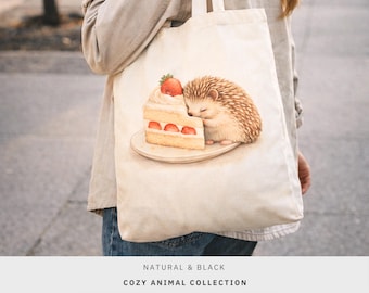 Bolso de lona con diseño de pastelito de erizo, estampado de postre animal kawaii, regalo para amantes de la comida.