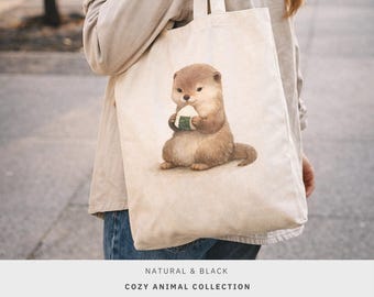 Bolso de lona con diseño de onigiri de nutria, acuarela de bolas de arroz japonesas kawaii, regalo para amantes de la comida.
