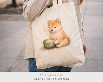 Bolso de lona con estampado de perro Shiba Inu Matcha Latte, acuarela japonesa, regalo para amantes del matcha.