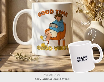 Taza de cerámica de 325 ml, Buenos momentos, Buenas vibras, Taza retro acogedora, Regalo, Taza de café divertida para el hogar