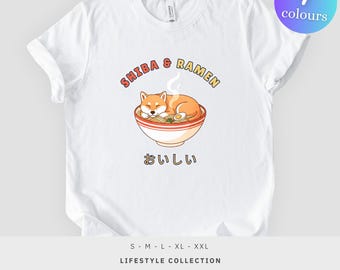 Camiseta Shiba Inu Ramen, Kawaii Anime Japonés Perro Fideos, Regalo para Amantes de los Perros, Camiseta Unisex