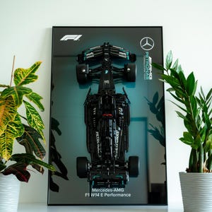 May include: A framed print of a black Mercedes-AMG F1 W14 E Performance race car. The car features teal detailing and the Mercedes-AMG Petronas Formula 1 Team logo. The print is displayed on a white surface, flanked by potted plants.