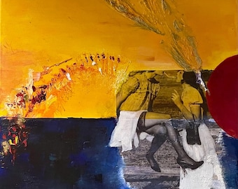 May include: Abstract mixed media artwork with a vibrant yellow sky and a dark blue sea. The artwork features a collage of figures, including a woman in a white dress and black stockings, and a large red circle. The style is reminiscent of surrealism.