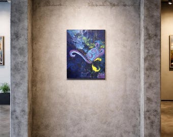 May include: Abstract artwork with a dark blue backdrop and swirling patterns in shades of blue, purple, and yellow. The painting is displayed on a concrete wall in a modern art gallery setting.