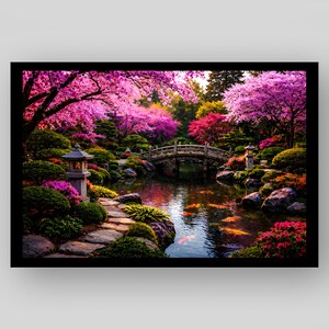 May include: A framed wall art print depicting a Japanese garden with a stone arched bridge over a pond. Vibrant pink cherry blossom trees surround the water, which contains orange koi fish. Stone lanterns and a path of stepping stones are visible.