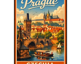 Póster de viaje vintage de Praga / Arte mural enmarcado de Chequia