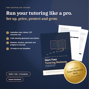 Op de afbeelding: Een digitale zakelijke kit voor Australische docenten met een donkerblauwe omslag, gouden tekst Start Your Tutoring Business, een gouden zegel met de tekst Includes Tutor Business Hub Spreadsheet en verschillende documentpagina's.