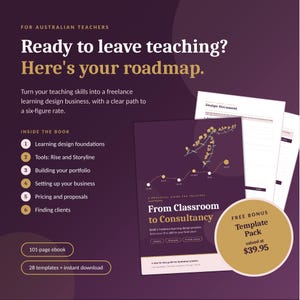 Op de afbeelding: Een e-book van 101 pagina's getiteld From Classroom to Consultancy met een donkerpaarse omslag, een gouden bloemmotief en een routekaartillustratie. Het e-book bevat een bonus-sjabloonpakket en behandelt onderwerpen zoals de basis van leerontwerp, tools, portfolio-opbouw, bedrijfsopzet, prijsstelling en het vinden van klanten.
