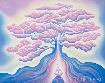 Zen Under the Cotton Candy Tree - Prints Flat or Wood - Visionary Artwork by Tiffinity