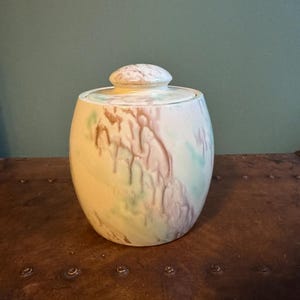 Może przedstawiać: Owalny ceramiczny słoik z pokrywką. Słoik ma kremową podstawę z brązowymi, zielonymi i fioletowymi wzorami. Pokrywka to mały, okrągły guzik z podobnym kremowym i brązowym wzorem.