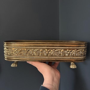 Puede incluir: Una jardinera rectangular alargada de latón con un detallado patrón floral en relieve en los laterales, bordeada por un adorno de cuerda. El recipiente se apoya sobre cuatro pequeñas patas ornamentadas con forma de garras de animal.
