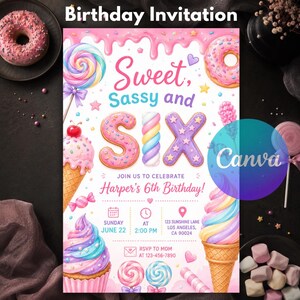 Inbjudan till söt och fräck födelsedag för sex, redigerbar rosa inbjudan till 6-årsfödelsedagsflicka, Canva-mall för nedladdning av godis, munk, glass och dessert