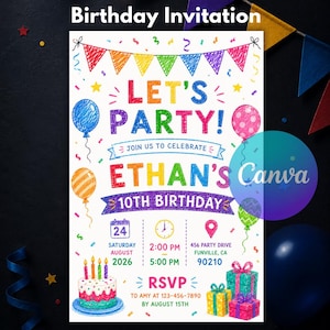 May include: A white birthday invitation card featuring colorful crayon-style drawings of bunting, balloons, a birthday cake with four candles, and three gift boxes. The text reads: LET'S PARTY! JOIN US TO CELEBRATE ETHAN'S 10TH BIRTHDAY, AUGUST 24, 2026.