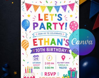 Simple Colorful Birthday Invitation, Bright Birthday Party Invite, Cheerful Kids Birthday Invitation, Editable Canva Template Download