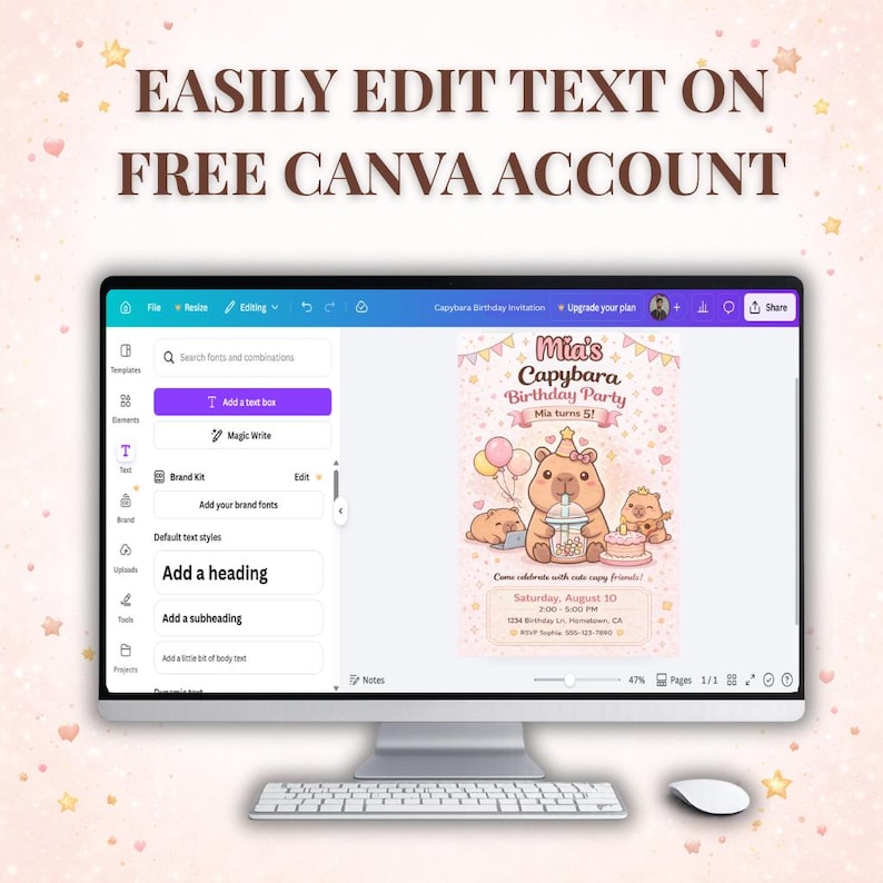 Capybara Birthday Invitation | Canva Editable Kawaii Capybara Invitation Template | Cute Pink Capy Kids Invite | Printable Instant Download image 4