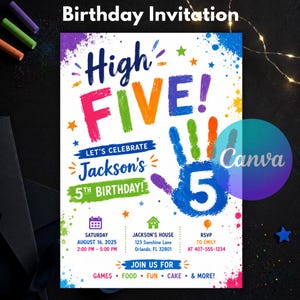 May include: A colorful birthday invitation featuring the text High FIVE! Let's celebrate Jackson's 5th birthday. The design includes a blue handprint with the number 5, paint splatters, stars, and event details for August 16, 2025, in Orlando, FL.