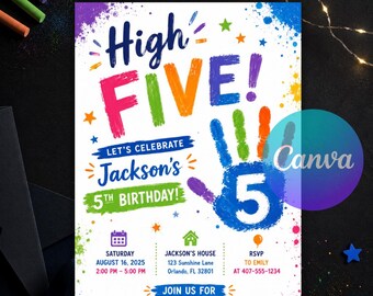 High Five Birthday Invitation, Hi Five 5th Birthday Party Invite, Colorful Handprint Paint Theme, Editable Canva Template Instant Download