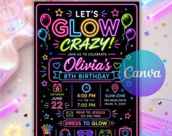 Glow Party Birthday Invitation, Glow Crazy Neon Glow Birthday Invite, Glow in the Dark Girl Canva Editable Template Instant Download