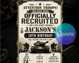 Leger verjaardagskaart, uitnodiging voor een militair feest, verjaardagskaart voor een soldaat, camouflage, voor elke leeftijd, bewerkbaar Canva-sjabloon, direct te downloaden.