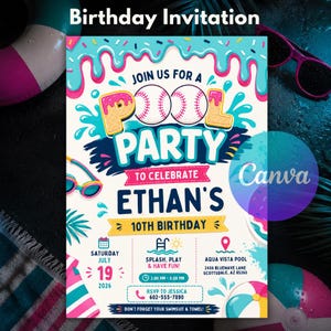Baseball Drip Pool Party Invitation, Editable Ice Cream Summer Swimming Birthday Invite, Boys Girls Water Baseball Canva Template Download