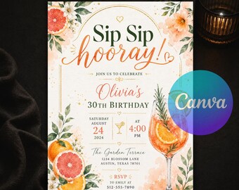 Sip Sip Hooray Birthday Invitation, Citrus Cocktail Brunch Party Invite, Mimosa Spritz Floral Editable Canva Template Instant Download