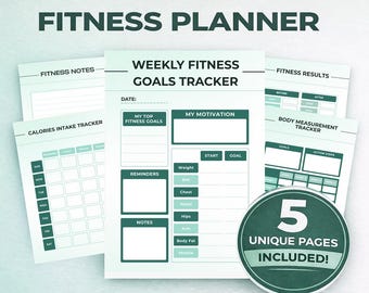 Editable Canva Fitness Tracker Bundle (5-Page Printable PDF) | Goals, Calories, Body Measurements & Results | Instant Digital Download