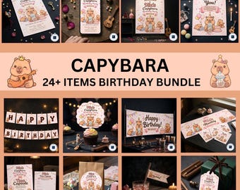 Capybara Birthday Invitation Bundle, Pink Capybara Party Decor, Cute Animal Birthday, 24+ Editable Canva Templates Instant Download