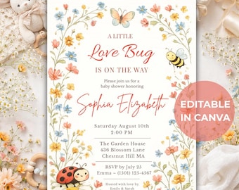 Love Bug Baby Shower Invitation | Little Ladybug Baby Shower Invite | Wildflower Floral Canva Editable Template | Instant Download Printable
