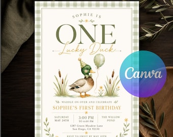 One Lucky Duck Birthday Invitation, First Birthday Invite, Watercolor Mallard Duck, Greenery, Green Gingham, Cute Baby Party, Canva Editable