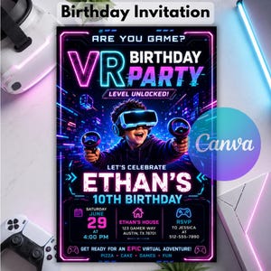 May include: A digital birthday invitation featuring a child wearing a VR headset and holding controllers. The text reads: ARE YOU GAME? VR BIRTHDAY PARTY, LEVEL UNLOCKED!, ETHAN'S 10TH BIRTHDAY, SATURDAY JUNE 29 AT 4:00 PM, ETHAN'S HOUSE, 123 GAMER WAY.