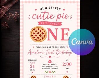 Cutie Pie Birthday Invitation, Cutie Pie First Birthday Invite, Pink Gingham Girl 1st Party Canva Editable Template Instant Download