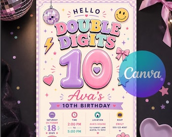 Hello Double Digits Birthday Invitation, 10th Birthday Girl, Preppy Groovy Y2K Retro Party, Editable Canva Invite, Instant Digital Download