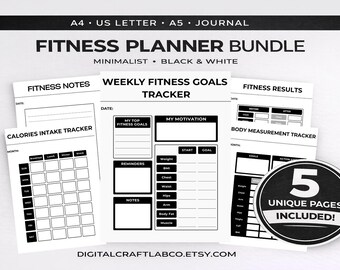 Editable Canva Fitness Goals and Calorie Intake Planner Bundle | 5 Pages Minimalist B&W | Body Measurement Tracker | Instant Printable PDF