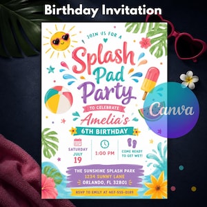 Könnte beinhalten: Eine farbenfrohe Geburtstagseinladung mit dem Text "Splash Pad Party" und "Amelias 6. Geburtstag". Das Design umfasst eine Sonne, einen Strandball, ein Eis am Stiel und florale Elemente. Die Einladung enthält auch Datum, Uhrzeit und Ort.