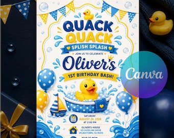 Rubber Duck Birthday Invitation, Rubber Duckie 1st Birthday Invite, Bath Time Duck Party, Editable Canva Template Instant Download