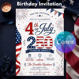 America’s 250th Anniversary Invitation, Editable 4th of July Party Invite, Patriotic USA Canva Template Independence Download Red White Blue