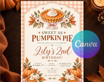 Pumpkin Pie Birthday Invitation, Fall Birthday Invites, Pumpkin Birthday Party, Girls, Orange Gingham, Sweet as Pie, Editable Canva Template