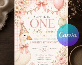 One Silly Goose Birthday Invitation, Editable Pink Gingham Floral Bow Goose Party Invite, Girl 1st Birthday Canva Template, Instant Download